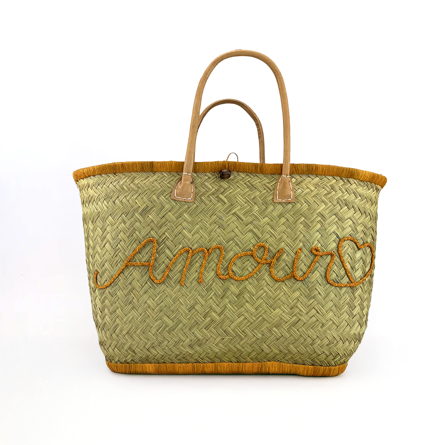 idée cadeau panier marché Aravoula coloris naturel avec feston couleur safran et broderie amour panier idéal pour faire les courses ou pour la plage beachby.fr beachby home