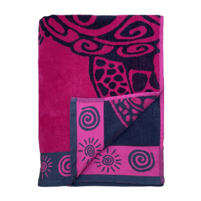 Serviette de plage éponge velours jacquard Fuschia Turtle