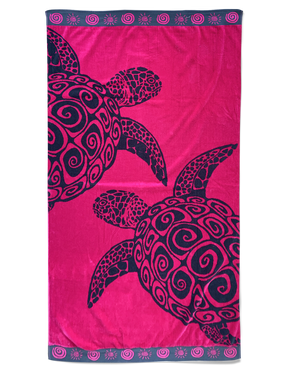 Serviette de plage éponge velours jacquard Fuschia Turtle